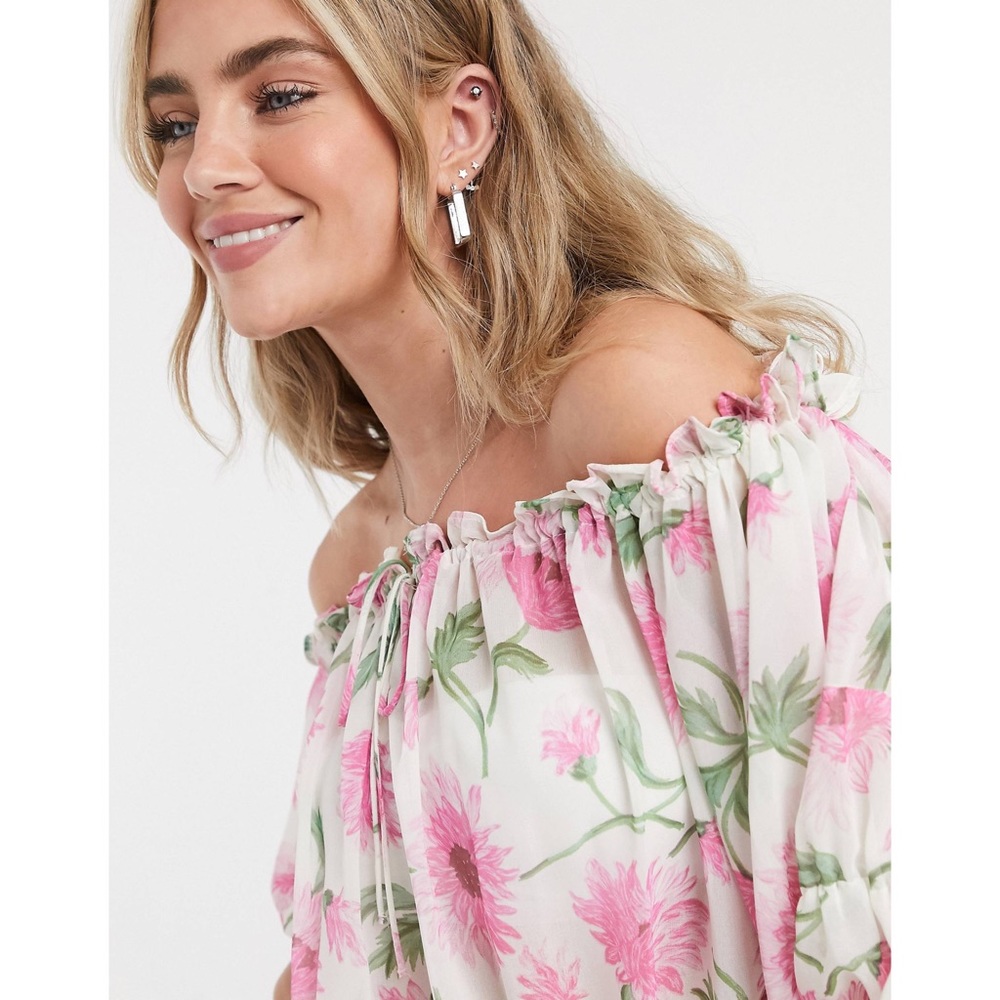 TopShop Off The Shoulder Smock Blouse In Floral Print Size 14 - Picture 3 of 9